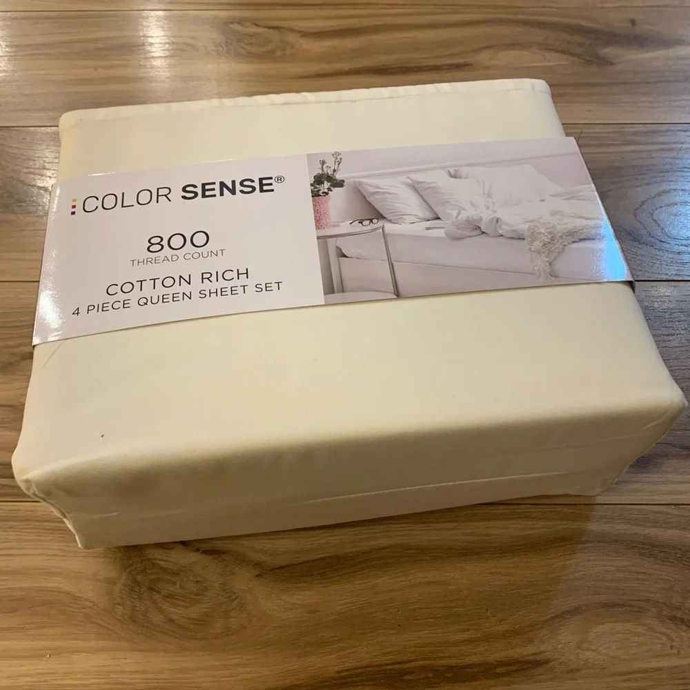 Color Sense 800TC Luxury Cotton-Blend Sheet Set - Queen - Ivory